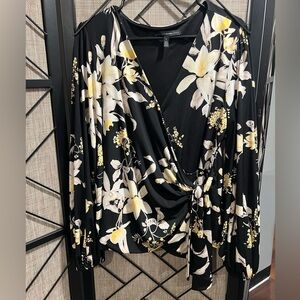 White House Black Market Black and Yellow Floral Wrap Blouse w/Bell Sleeves - L